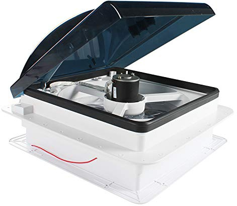 Leisure Coachworks 14 x 14 RV Roof Vent Fan 12V Manual Riser Reversible Manual Lift with Smoked Lid