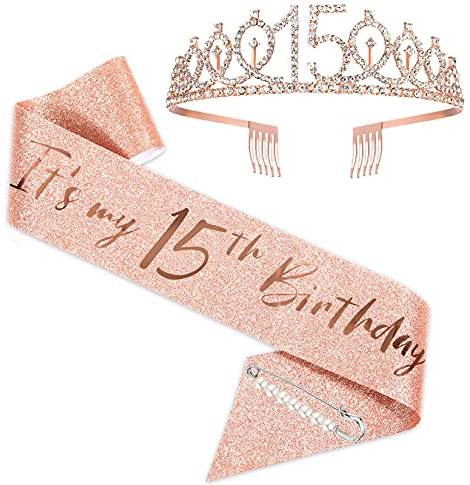 15. Geburtstagsschärpe und Tiara für Mädchen, Roségold Geburtstagsschärpe Krone 15 & Fabulous Schärpe und Tiara für Mädchen, 15. Geburtstagsgeschenke für alles Gute zum 15. Geburtstagsgeschenk