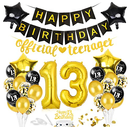 Luftballon 13. Geburtstag Black Gold, Deko 13 Geburtstag, Geburtstagsdeko 13 Jahr, Riesen Folienballon Zahl 13, Happy Birthday Girlande Folienballon Zahl 13