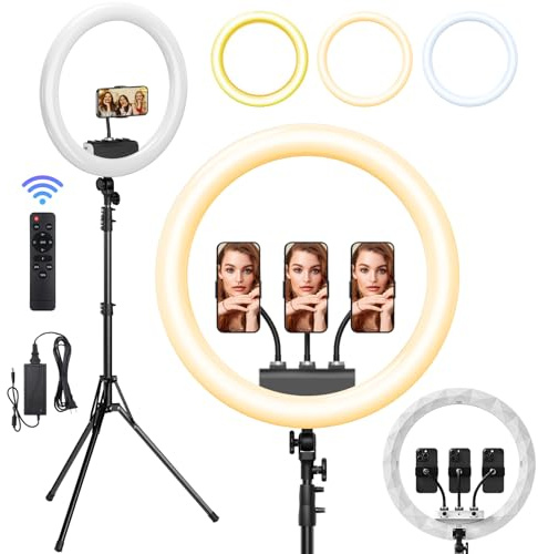 Ring Light with Stand, 19in LED Selfie Circle Light, Max 8ft/2.5m Tripod Stand, 3 Holders for iPhone, Remote Control, 6300K Color Temperature for Live Streaming, Barber, Makeup, YouTube, Tiktok