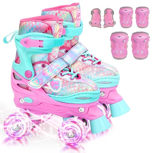 Sportneer Patins à roulettes pour Enfants, avec équipement de Protection, Patins à roulettes réglables avec 8 Roues Lumineuses, pour Filles, Enfants, Jeunes, débutants, Utilisation en intérieur et en