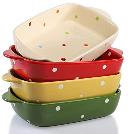 AVLA Set of 4 Ceramic Small Casserole Dishes, 7x5 Porcelain Roasting Lasagna Pan, Individual Casserole Dishes Bakeware with Handle Rectangular Dish, Ceramic Baking Dish for Oven, 20 Oz, Polka Dot,