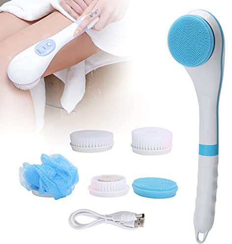 Elektrische Körper Badebürste mit USB Ladegerät, 6 Gänge Verstellbares Bade Körperbürsten Set Duschbürste Rückenwäscher Multifunktions Langgriff Massage, Langer Griff für(Blau)