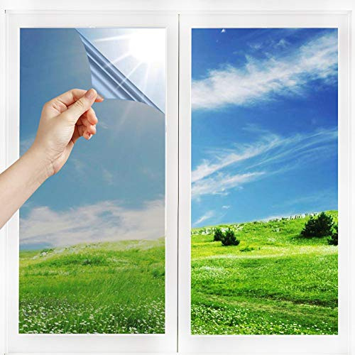 Film Miroir Fenêtre sans Tain Anti Chaleur Anti-Regard Contrôle de la Température Protection de la Vie Privée Film Adhésif Réfléchissant pour Fenêtre Maison Bureau Magasin (75 * 400cm, Argent)