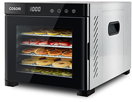 COSORI Deshidratador de Alimentos 35-70C, Deshidratador de Acero Inoxidable con Temporizador de 48 Horas, 6 Bandejas, 3 Rejillas, 3 Alfombrillas y 50 Recetas, Negro, CP267 - FD