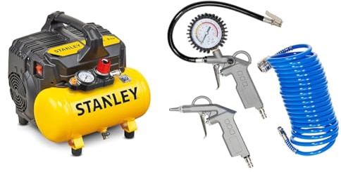 Stanley 100/8/6 Silent Air Compressor DST 100/8/6SI, 750 W, 230 V, Giallo & Güde Druckluft-Set 3tlg. 84091, Blau/Grau