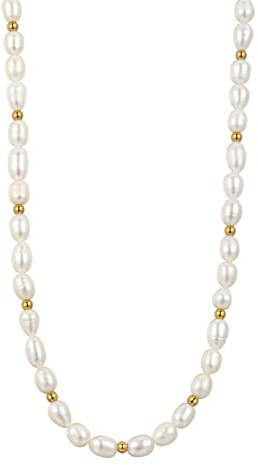 Dorosé Damen Kette Gold Hochwertige Süßwasser-Zuchtperlen in ca. 7 mm Oval weiß, 18 Karat Vergoldet in verschiedenen Länge - Perlenkette Halskette mit echten Perlen weiss Schmuck