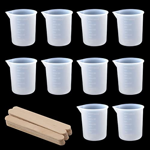 10stk 100ml Silikon Messbecher für Harz, Messbecher Epoxidharz Flexibler DIY Harzbecher Messen Handgemachtes Handwerk Gießen Epoxidharz mit 20stk Holzrührern