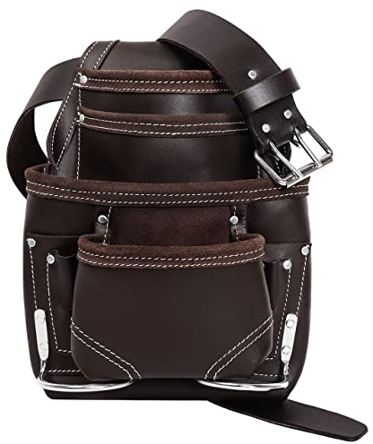 Werkzeugtasche aus echtem Leder mit 5,1 cm langem Arbeitsgürtel für Heimwerker, BAU, Tischler, Landwirte mit 10 Taschen, 2 Hammerhaltern (10 Taschen mit Gürtel)