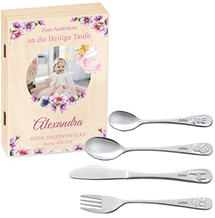 Maverton Cubertería Infantil Personalizada de 4 Piezas - Cubiertos Acero Inoxidable con Grabado - Regalos Personalizados para Bebe Niña - Vajilla Bebe para Comunion Bautizo - Original