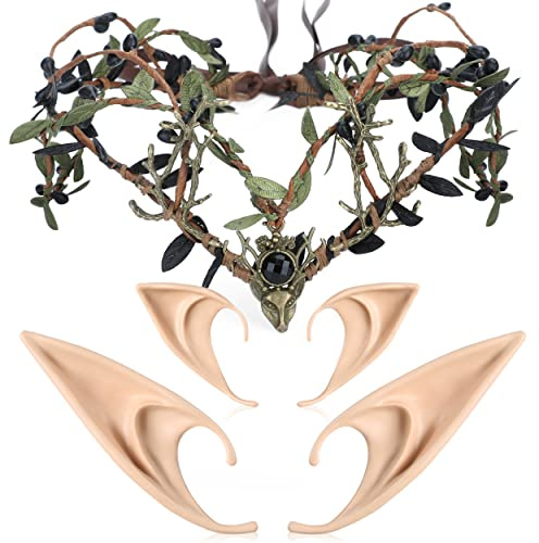 MOSTORY Geweih Krone Elfenohren Set für Waldfee Kostüm Damen, Elfen Schmuck mit Blatter und Hirschgeweihen für Renaissance Karneval Cosplay