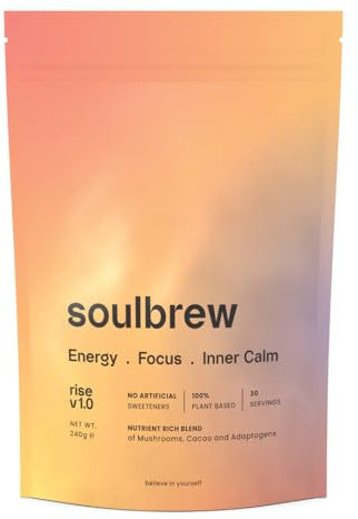 SoulBrew Rise – Mushroom Coffee Alternative with Lion’s Mane, Cordyceps & Cacao | Adaptogenic Nootropic Drink for Focus & Calm Energy | Vegan, Gut-Friendly, 30 Servings