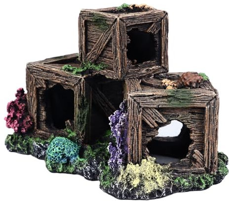 BAOFUYA Versteck-Aquarium-Dekoration, Harzmaterial, Lebendige Aquarium-Dekoration, Hohle Struktur, Einzigartiges Weinkisten-Design, Versteck-Ornament für Aquarien