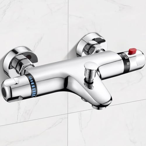 Miscelatore termostatico per vasca da bagno con miscelatore a parete con doccia cromato rubinetto termostatico per vasca da bagno con beccuccio miscelatore termostatico per doccia, 38 °C, blocco di