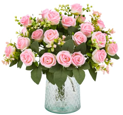JUSTOYOU 4PS Artificial Rose Flowers,Light Pink Silk Rose Bouquets with 28 Rose Head,Fake Flower Realistic Rose for Wedding Home Garden Party Office Decor(Light Pink)