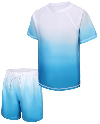 Big Boys Rash Guard Set for Kids Boys 2 Piece Short Sleeve Swim Shirts with Trunks Quick Dry Bathing Suits Swim Set Blue White Gradient Size 16/14-16 Years