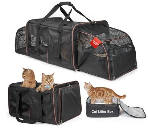 Expandable Cat Carrier for 2 Cats, Double Compartment Large Pet Carrier for Long Distance Car Travel, Includes 2 Portable Litter Boxes, Foldable Multi-Cat Travel for Road Trips & Camping, Black