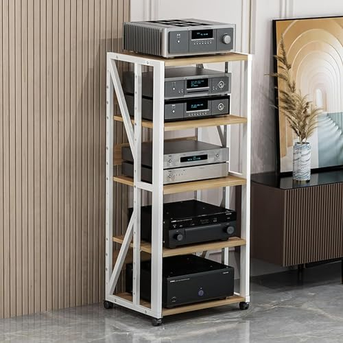 SHAIRMB 3/4/5-StöCkig AudiostäNder, Holz-Eckregal, Mediaplayer-StäNder, Beweglicher Av-Mediaplayer-StäNder, Bodenstehend Multifunktional Regalschrank, FüR Zuhause/BüRo/Kino,Weiß,5 Tier