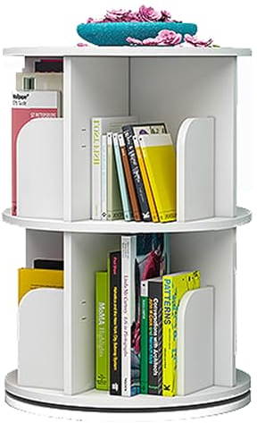 LIUJHGH Drehbares Bücherregal, Eck-360-Grad-Display, bodenstehendes Bücherregal-Aufbewahrungsregal, schmales Bücherregal-Organizer für kleine Räume(Weiß,2tier)