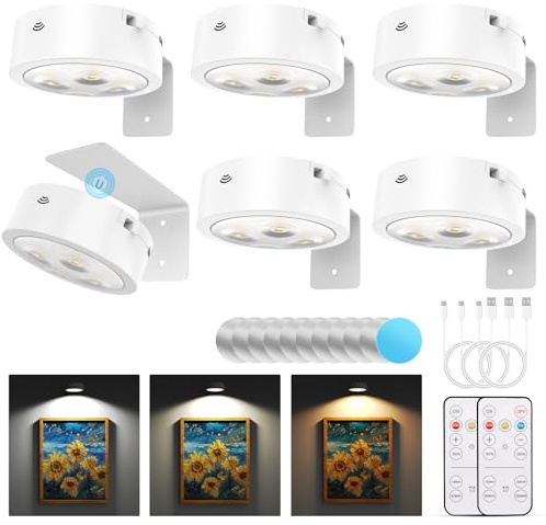 Narotood 6 Pack Picture Lights for Wall, Rechargeable Battery Operated Wall Lights, Picture Frame Lights with 3 Lighting Modes, Wireless Magnetic Painting Light with Remote Control Timer, (White)