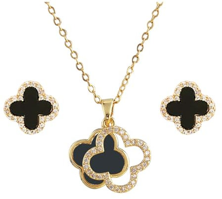 XIWCAFC Vierblättriges Kleeblatt Schmuckset für Damen,Glücklich Set mit vier Blättern,18K Plattiert Edelstahl Anhänger Halskette Ohrstecker Emaille Schmuck Set Hypoallergenes Schmuck sets (Schwarz-1)