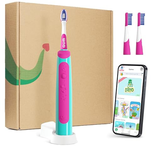 GUM Playbrush JUNIOR 6+ spazzolino elettrico | app di gioco interattiva | 2 modalità di spazzolamento | setole extra morbide | batteria 8 settimane | 1x spazzolino sonico | 2 testine extra | Rosa