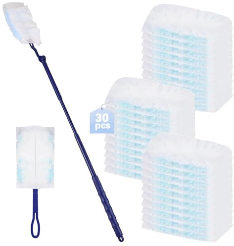 UQTUKO 30 Stück Staubmagnet Nachfüllpack für Swiffer mit 1 Griff und 1 Teleskopstange staubwedel Staubtuch Duster Nachfüllpack Kompatibel mit Swiffe Tücher für Tierhaare, Staub, Schmutz