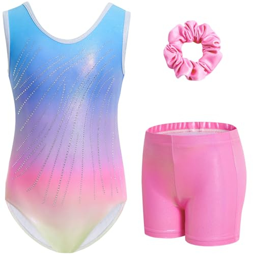 Gogokids Gymnastiktrikåer för flickor, glittrande dansdräkter med strass, cykelbyxor, shorts, träningskläder för 3–12 år, 9-10 år