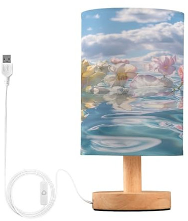 SKYSHU Lampada da comodino a forma di fiore lilla, piccola lampada da scrivania a LED USB, con base in legno antiscivolo e paralume adatto agli occhi, per soggiorno, camera da letto, dormitorio, casa,
