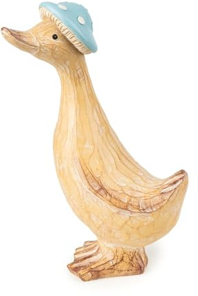 Decorative Duck Ornament with Blue Mushroom Hat, Cream Coloured Garden Figurine (Large Duck Egg)