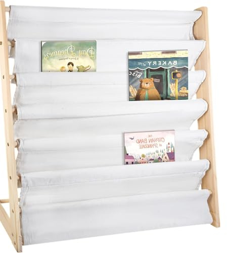 CROWNSHOP Children's Bookshelf 4 Tier Wooden Kids Sling Bookcase Storage | Nursery Book Display Rack soft canvas pockets stable MDF frame design encourages reading for kids room bedroom playroom use
