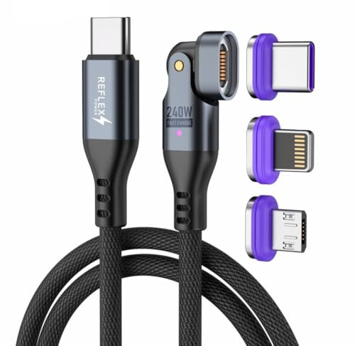 REFLEX POWER 240W 1M 3-in-1 Magnetic USB-C Cable Flat Nylon Braid Fast Charging/Data Transfer Cable, Universal Charging with USB-C, IP & Micro USB, Compatible with iPhone, Smartphones and Laptops