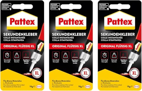 Pattex Sekundenkleber Original Flüssig, spülmaschinenfester Superkleber für viele Sofortreparaturen, schnelltrocknender farbloser Flüssigkleber, 3x10g