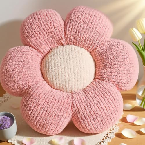 LOMUG 40cm Blumenkissen, Blumengestalt Zierkissen, Plüsch Bodenkissen für Sofa & Bett Kinderzimmer, Mädchen Dekoratives Gänseblümchen Design Wohnkissen (Pink)