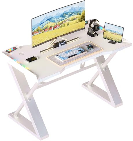 Xyphren Gaming Desk with Pegboard & Power Outlet & LED Light, Small Computer Desk with Reversible Shelves for Corner Home Office Desk, 100 * 50cm, White