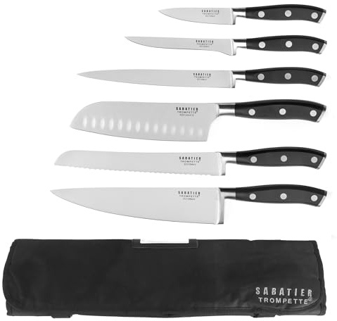 SABATIER TROMPETTE - Trousse couteaux de cuisine - Vulcano - Acier 5Cr15MoV - Finition Satinée - 43.5 x 49.3 cm - Noir | Trousse de rangement avec 6 couteaux pro, Acier 5Cr15MoV satiné, 43.5x49.3 cm, Noir