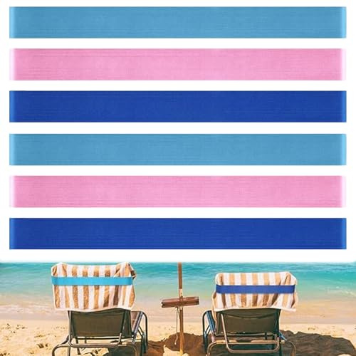 Lot de 6 bandes de serviette de plage pour chaises longues et chaises de croisière, coupe-vent, élastiques pour transat, piscine, vacances et camping (rose, bleu marine, bleu clair)