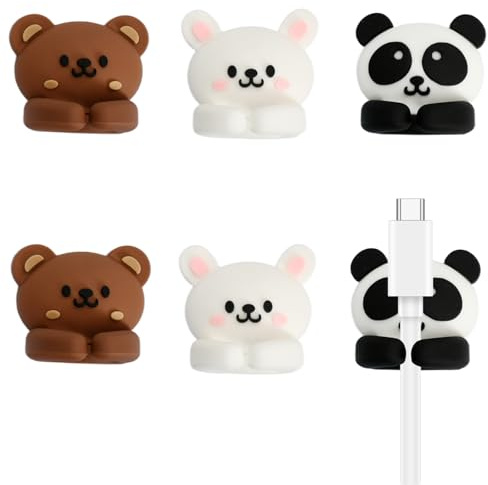6-Pack Cable Clips Self Adhesive Cable Holder Clips - Animal Design No Drilling Cord Organiser for Desk, Keys, Makeup Brushes, with Damage-Free Adhesive, PVC (Panda, Bear, Rabbit)