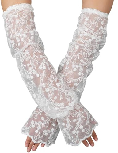 GORGECRAFT 2 Stück Weiße Spitzen Armstulpen Aus Polyester Netzgewebe Mit Gerüschtem Blumenmuster Fingerlos Abnehmbar Tüll Braut Armstulpen Für Hochzeit Event Kleid Kostüm Teeparty Damen