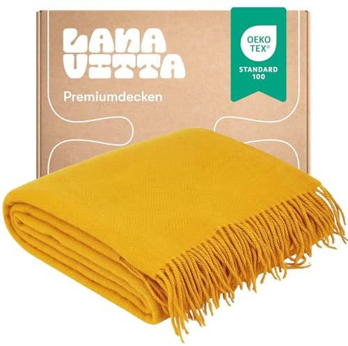 Lanavitta – Wolldecke „Runo“ – Tagesdecke & Bettüberwurf – 100 % Neuseeland-Wolle, Warmer Sofa-Plaid – Gelb – 140x200 cm