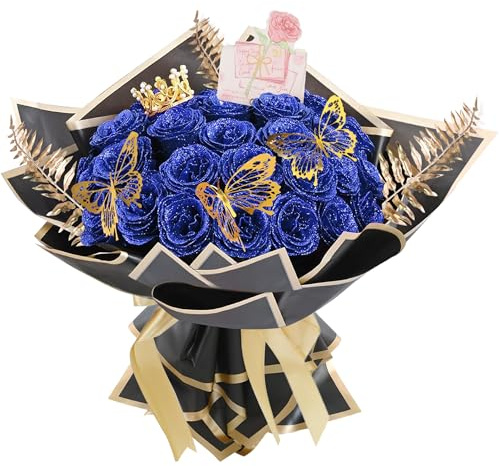 Prelisee 24 Stück Glitzer Rosenstrauß, DIY Künstliche Rosen Blau | Glitzer Blumensträuße mit Krone Postkarte,Bouquet Kunstblumen Blumenstrauß für Valentinstag, Hochzeit,Geburtstag,Weihnacht