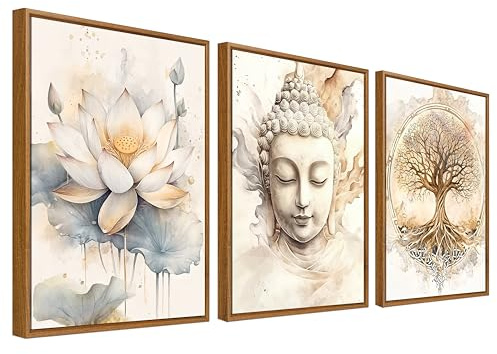 3Pcs Baum des Lebens Buddha Leinwand Bilder Set Mit Rahmen Wandposter Zen Buddhismus Beige Lotusblume Bild Wandbilder Wohnzimmer Schlafzimmer Badezimmer Wanddeko 40x60cm x3pcs (Ohne Acrylglas)