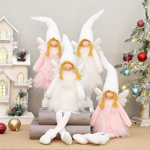 FUBESK Decoración de muñeca de ángel de Navidad con patas retráctiles y posición sentada, adorno navideño de felpa blanca y rosa para el hogar, la oficina o el árbol de Navidad (rosa)