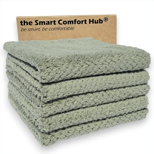 the Smart Comfort Hub Thick Microfibre Coral Fleece Cleaning Cloths, Pack of 5, Super Absorbent, Lint-Free, Fast Drying, Reusable and Multiuse Cleaning Cloths, 30x30cm (Green Coral Fleece)