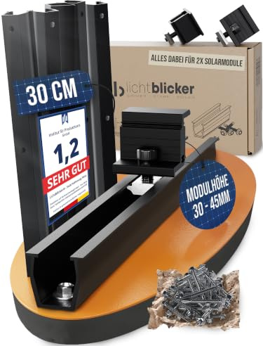 Solarmodul Halterung Flachdach, Wand etc. 0%MwSt. 30cm Schiene für 2x Solarpanel. 30-45mm Modulhöhe. Perfekt für Trapezbleche, Hauswand, Balkonkraftwerk. PV. Alu mit Edelstahlschrauben. Lichtblicker