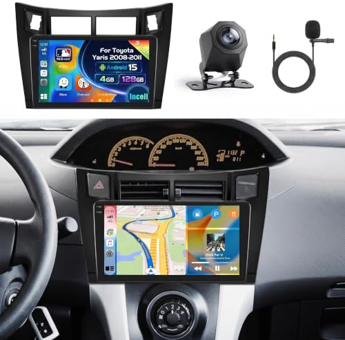 Inefala 4G+128G Autoradio Android 15 para Toyota Yaris 2008-2011 | Pantalla Táctil de 9, Wireless CarPlay, Android Auto, GPS, WiFi, RDS/FM, BT, EQ, SWC, Cámara Trasera, MIC