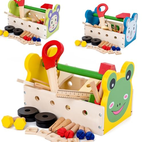 HANABASS Coffret à Outils Jouet Bois Portable pour Garçon Fille Motif Dessin Animé Jouet Éducatif Multifonction
