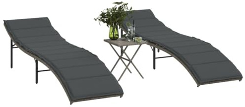 Frdhee Gartenstuhl Hochlehner Kippliege,Sonnenliegen 2 STK. mit Tisch Grau Poly Rattan,Relaxliege für Innen und Außen