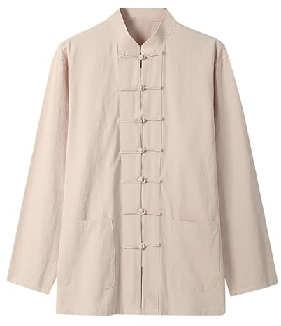 Darringls Chemises chinoises pour homme Costume chinois traditionnel classique Tangzhuang Chemise à manches longues Kung Fu, Tai Chi Wushu Arts martiaux Vêtements Hauts, beige, 4XL