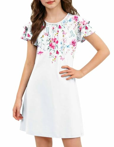 Arshiner Robes d'été pour filles, plissées, manches ondulées, imprimées, élégantes, festives, décontractées, manches courtes, coupe trapèze, blanches, robe de demoiselle d'honneur, taille 120, 6-7 ans